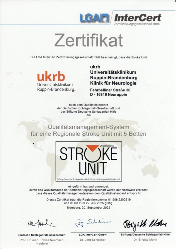 Zertifikat Stroke Unit mit Gültigkeit bis 22.07.2025